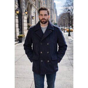New Express Mens Navy Wool Pea Coat Double-Breasted M RR10270 Waterproof